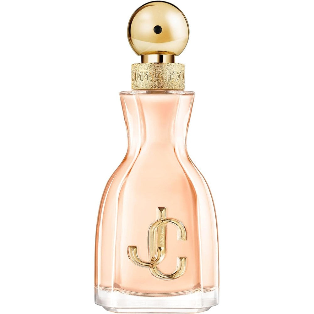 Jimmy Choo I Want Choo Eau de Parfum front view of sculptural glass bottle with gold monogram