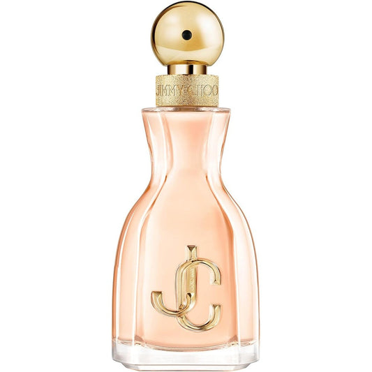 Jimmy Choo I Want Choo Eau de Parfum front view of sculptural glass bottle with gold monogram