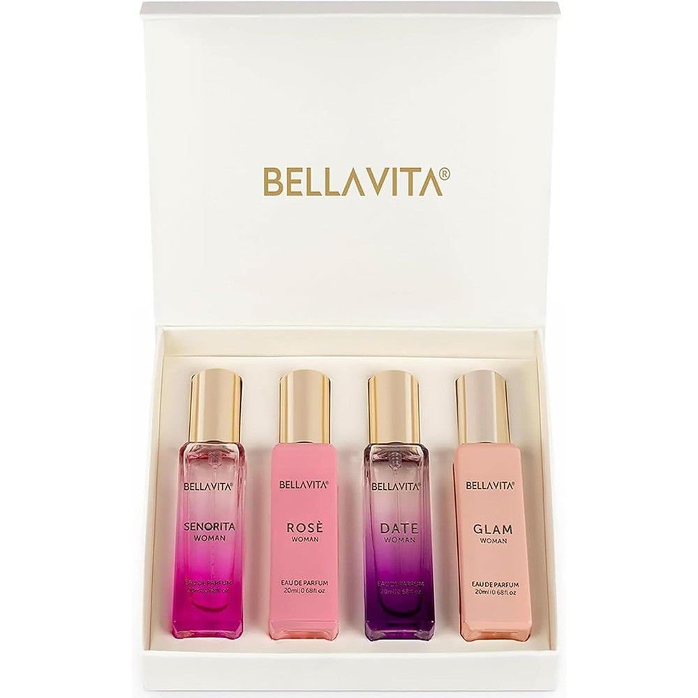 Bella Vita Luxury Women's Perfume Gift Set front view showing four miniature bottles inside the pink box