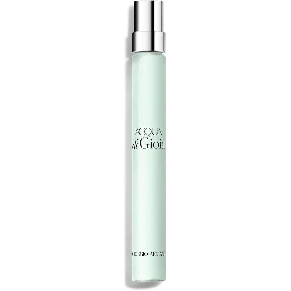 Armani Beauty Acqua di Gioia Eau de Parfum travel spray front view showcasing the sleek bottle design.