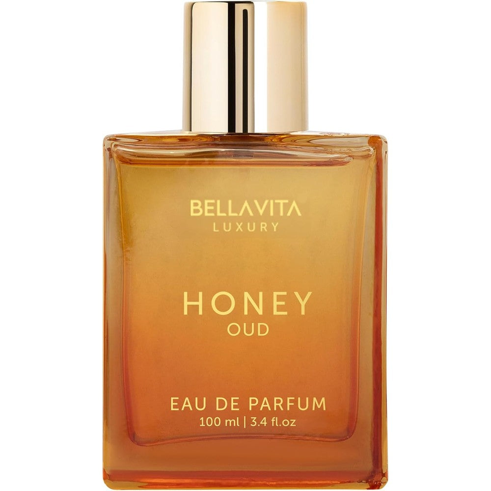 Bella Vita Luxury Honey Oud Eau De Parfum 100ml bottle front view featuring golden amber liquid