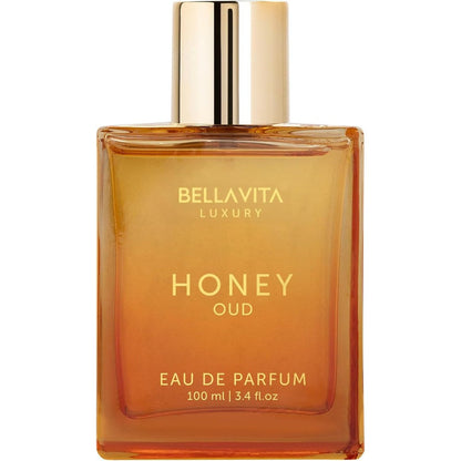 Bella Vita Luxury Honey Oud Eau De Parfum 100ml bottle front view featuring golden amber liquid