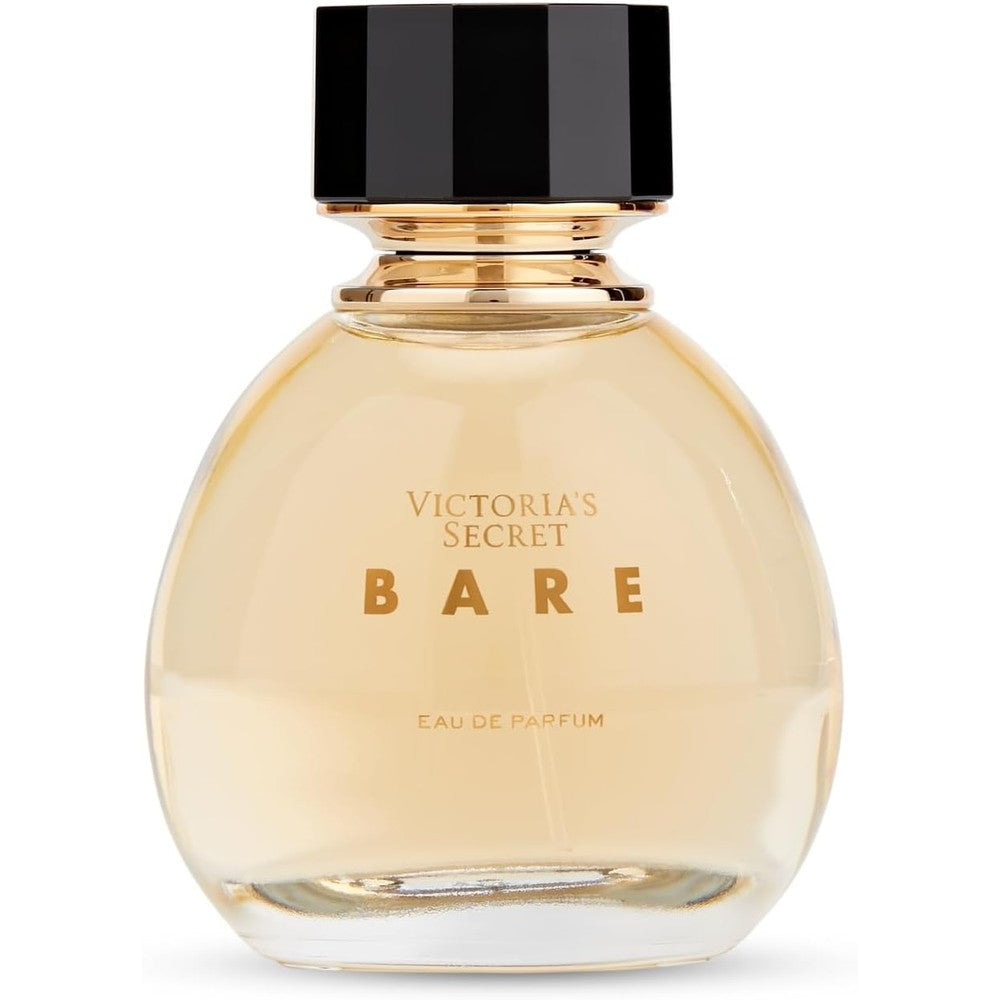 Victoria's Secret Beauty Bare Eau de Parfum front view bottle showing the clear glass design and golden liquid fragrance.