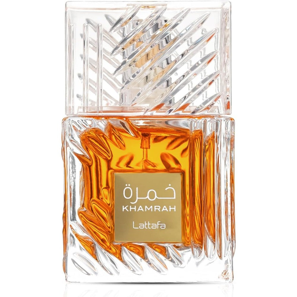 Lattafa Khamrah Eau De Parfum crystal bottle front view showing the luxurious design and golden juice.