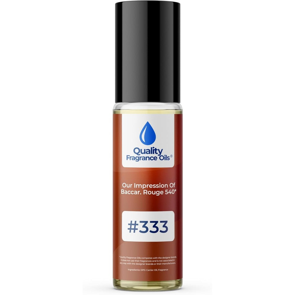 Quality Fragrance Oils Baccarat Rouge 540 Impression front view of the ten milliliter glass roll-on bottle showing the product label