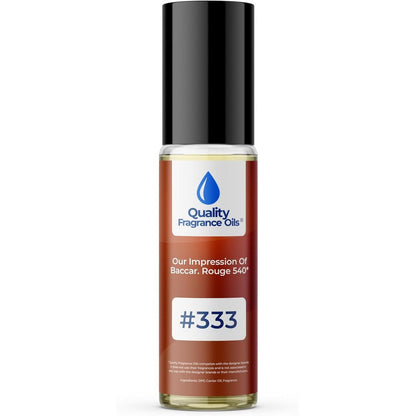 Quality Fragrance Oils Baccarat Rouge 540 Impression front view of the ten milliliter glass roll-on bottle showing the product label