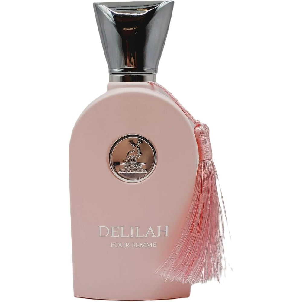 Maison Alhambra Delilah Pour Femme Eau de Parfum front view showcasing the elegant pink bottle and tassel.