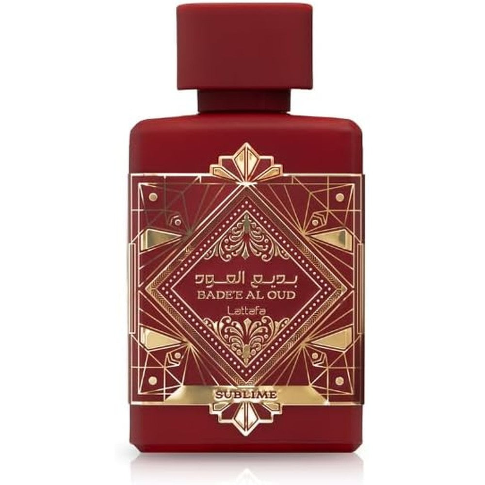 Lattafa Bade'e Al Oud Sublime Eau de Parfum 100ml bottle front view showing the sleek crimson packaging.