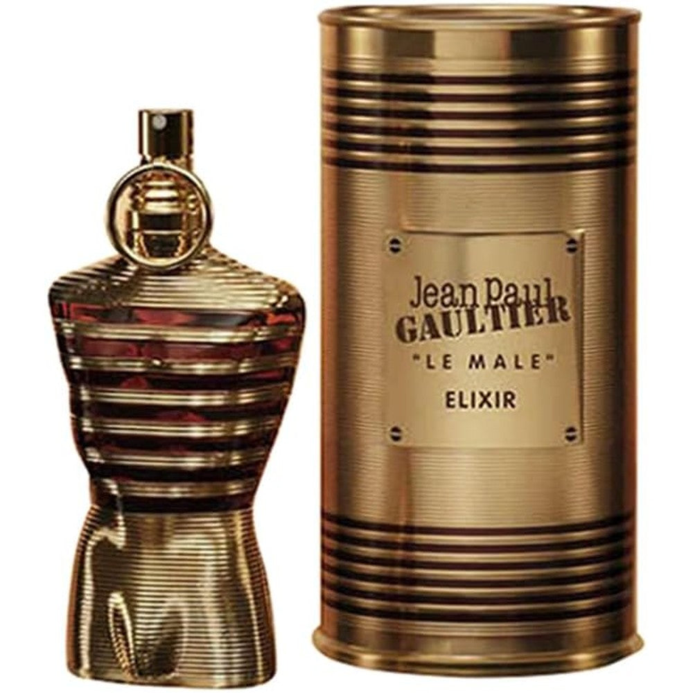 Jean Paul Gaultier Le Male Elixir Parfum 125 ml front view showcasing the gold metallic striped canister packaging