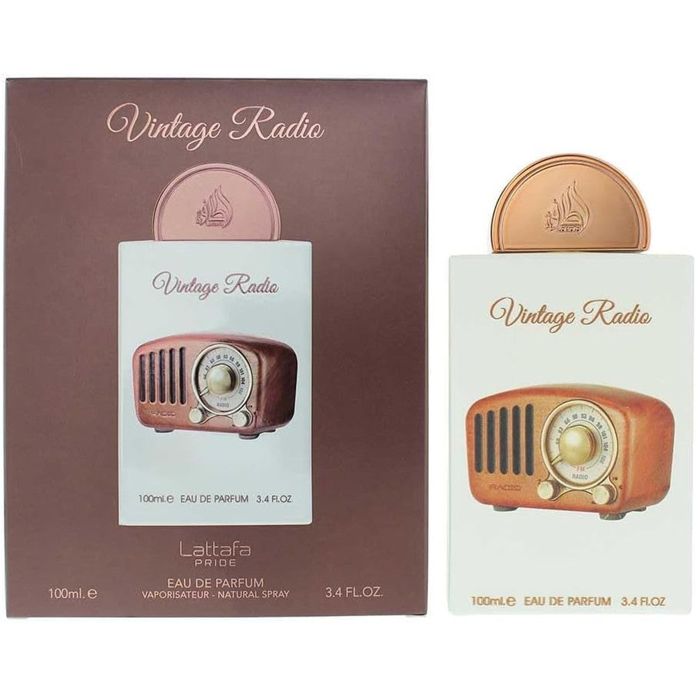 Lattafa Pride Vintage Radio Unisex Eau De Parfum front view showing the unique rustic radio shaped bottle