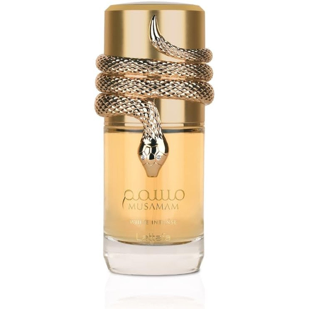 Lattafa Musamam White Intense Eau de Parfum front view bottle with gold snake design cap