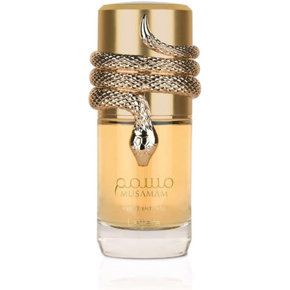 Lattafa Musamam White Intense Eau de Parfum front view bottle with gold snake design cap