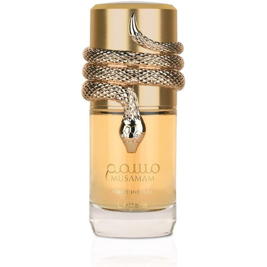 Lattafa Musamam White Intense Eau de Parfum front view bottle with gold snake design cap