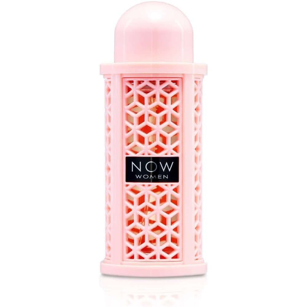 Lattafa Rave Now Women Eau de Parfum 3.4 Ounce front view showing pink geometric textured bottle packaging.