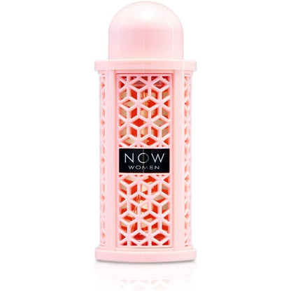Lattafa Rave Now Women Eau de Parfum 3.4 Ounce front view showing pink geometric textured bottle packaging.