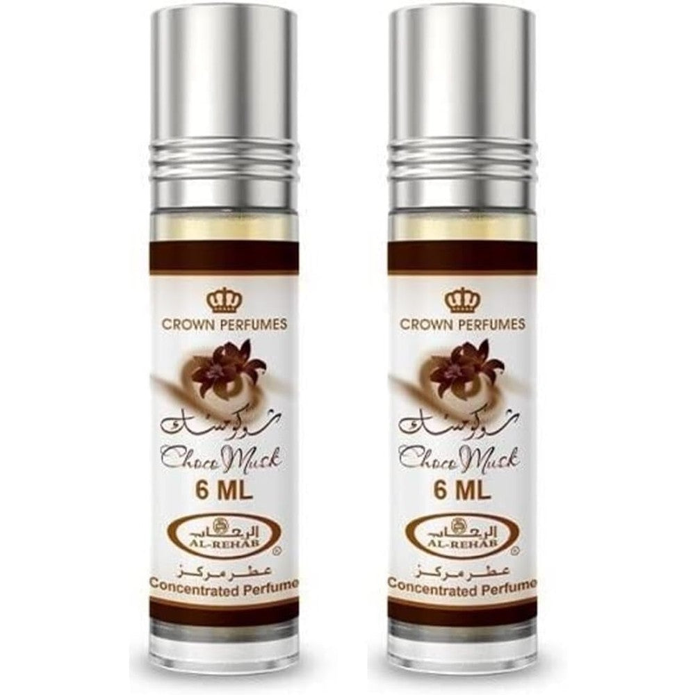 Al-Rehab Choco Musk Concentrated Perfume Rollerball front view showing the pack of two six millilitre bottles