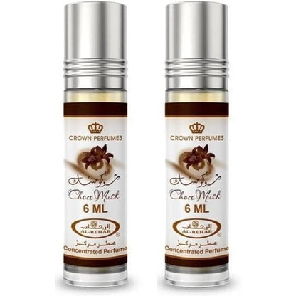 Al-Rehab Choco Musk Concentrated Perfume Rollerball front view showing the pack of two six millilitre bottles