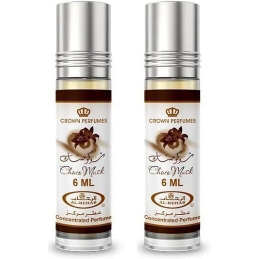 Al-Rehab Choco Musk Concentrated Perfume Rollerball front view showing the pack of two six millilitre bottles