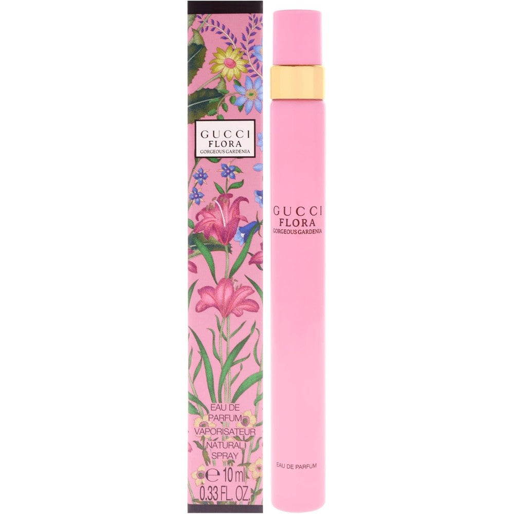 Gucci Flora Gorgeous Gardenia Eau de Parfum travel spray front view in luxury packaging.