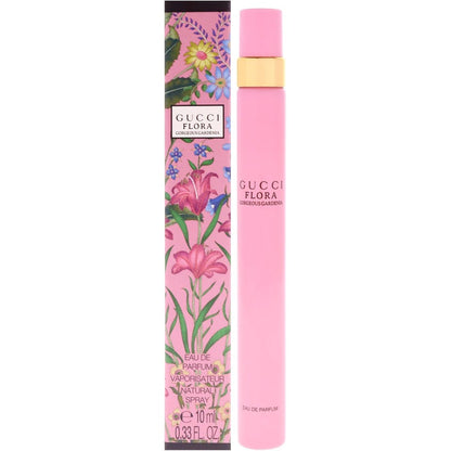 Gucci Flora Gorgeous Gardenia Eau de Parfum travel spray front view in luxury packaging.