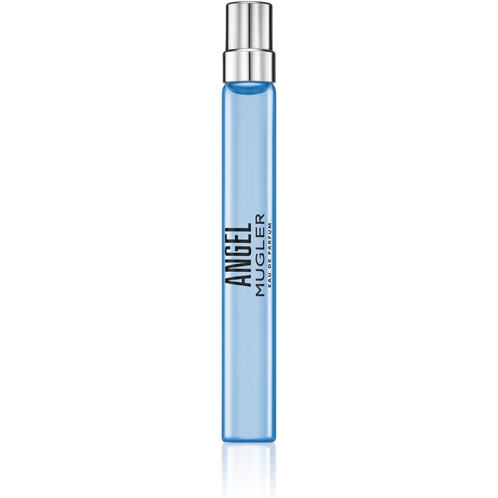 Mugler Angel Eau de Parfum womens travel spray front view showing iconic blue liquid and sleek silver cap