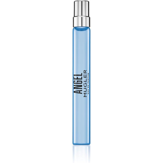 Mugler Angel Eau de Parfum womens travel spray front view showing iconic blue liquid and sleek silver cap