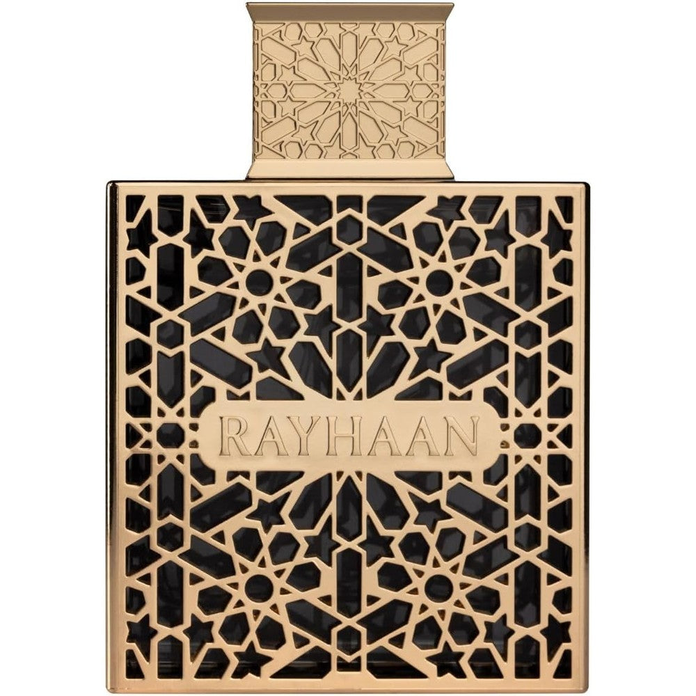 Rayhaan Elixir Eau de Parfum 100ml bottle front view showcasing the striking geometric gold lattice cage design.