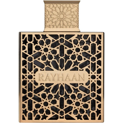 Rayhaan Elixir Eau de Parfum 100ml bottle front view showcasing the striking geometric gold lattice cage design.