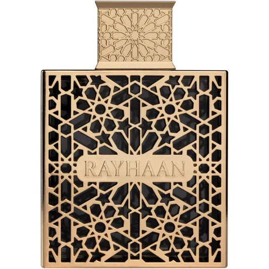 Rayhaan Elixir Eau de Parfum 100ml bottle front view showcasing the striking geometric gold lattice cage design.