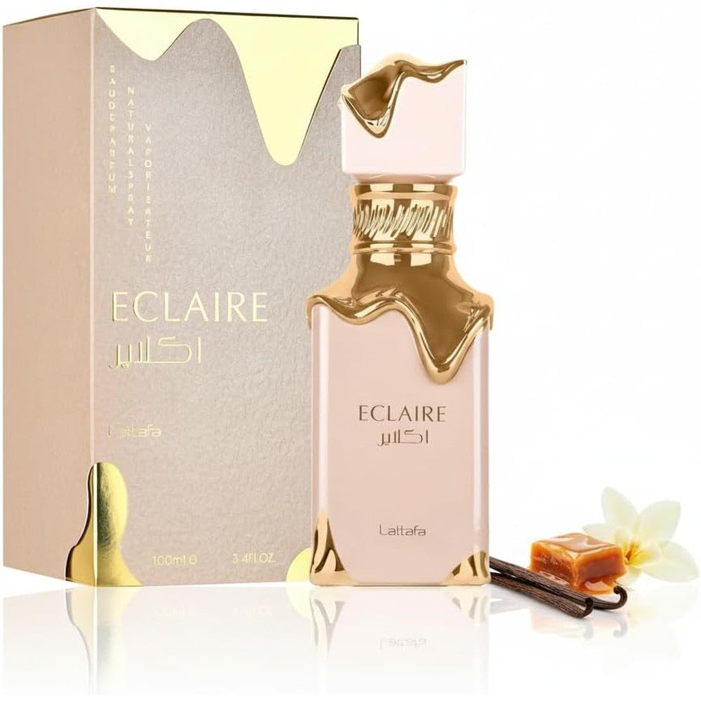 Lattafa Eclaire Eau De Parfum 100ml front view showing signature gold caramel drip bottle design