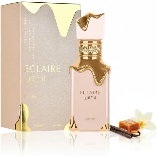 Lattafa Eclaire Eau De Parfum 100ml front view showing signature gold caramel drip bottle design