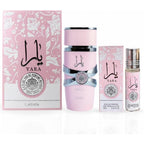Lattafa Yara two piece fragrance bundle packaging front view showcasing pink perfume spray bottle and matching perfume oil rollerball
