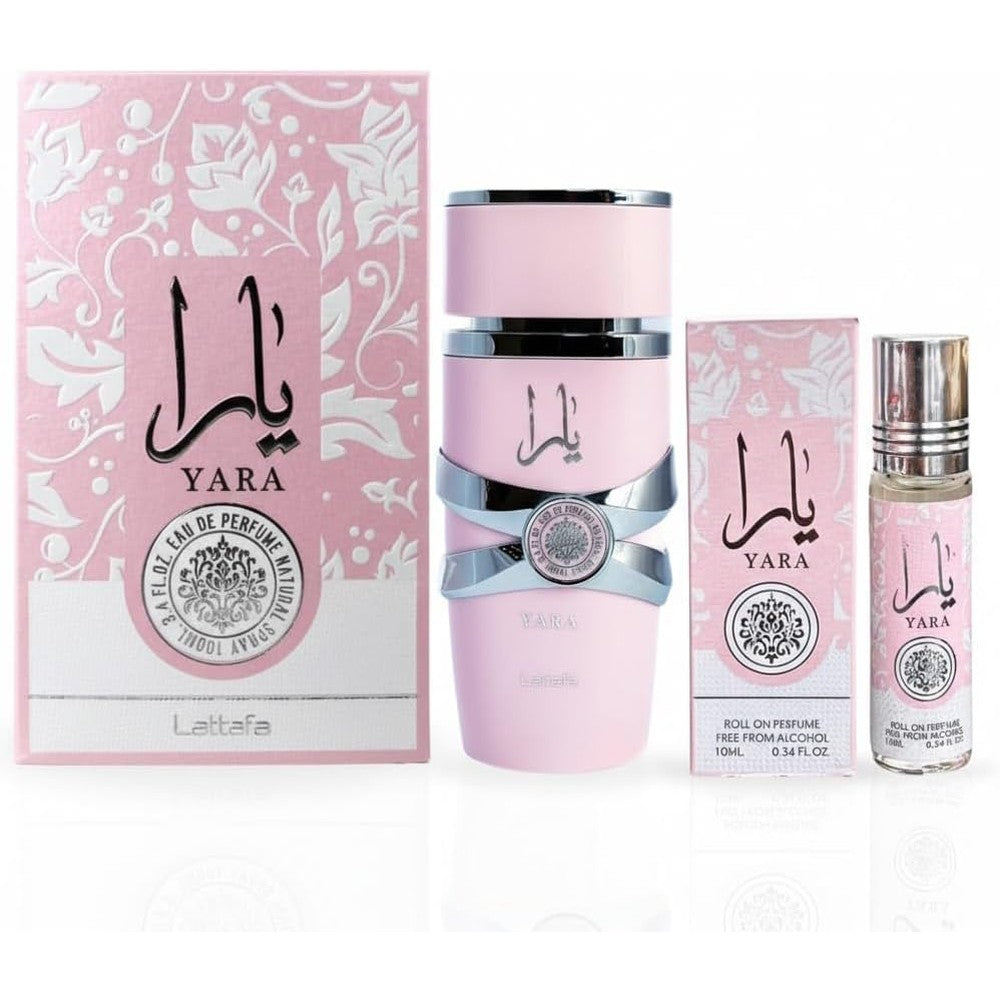 Lattafa Yara two piece fragrance bundle packaging front view showcasing pink perfume spray bottle and matching perfume oil rollerball