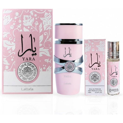 Lattafa Yara two piece fragrance bundle packaging front view showcasing pink perfume spray bottle and matching perfume oil rollerball