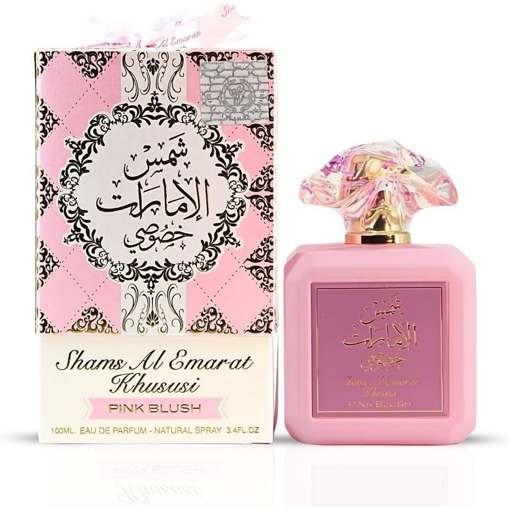 Ard Al Zaafaran Shams Al Emarat Khususi Pink Blush Eau de Parfum front view bottle.