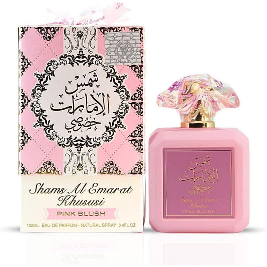 Ard Al Zaafaran Shams Al Emarat Khususi Pink Blush Eau de Parfum front view bottle.