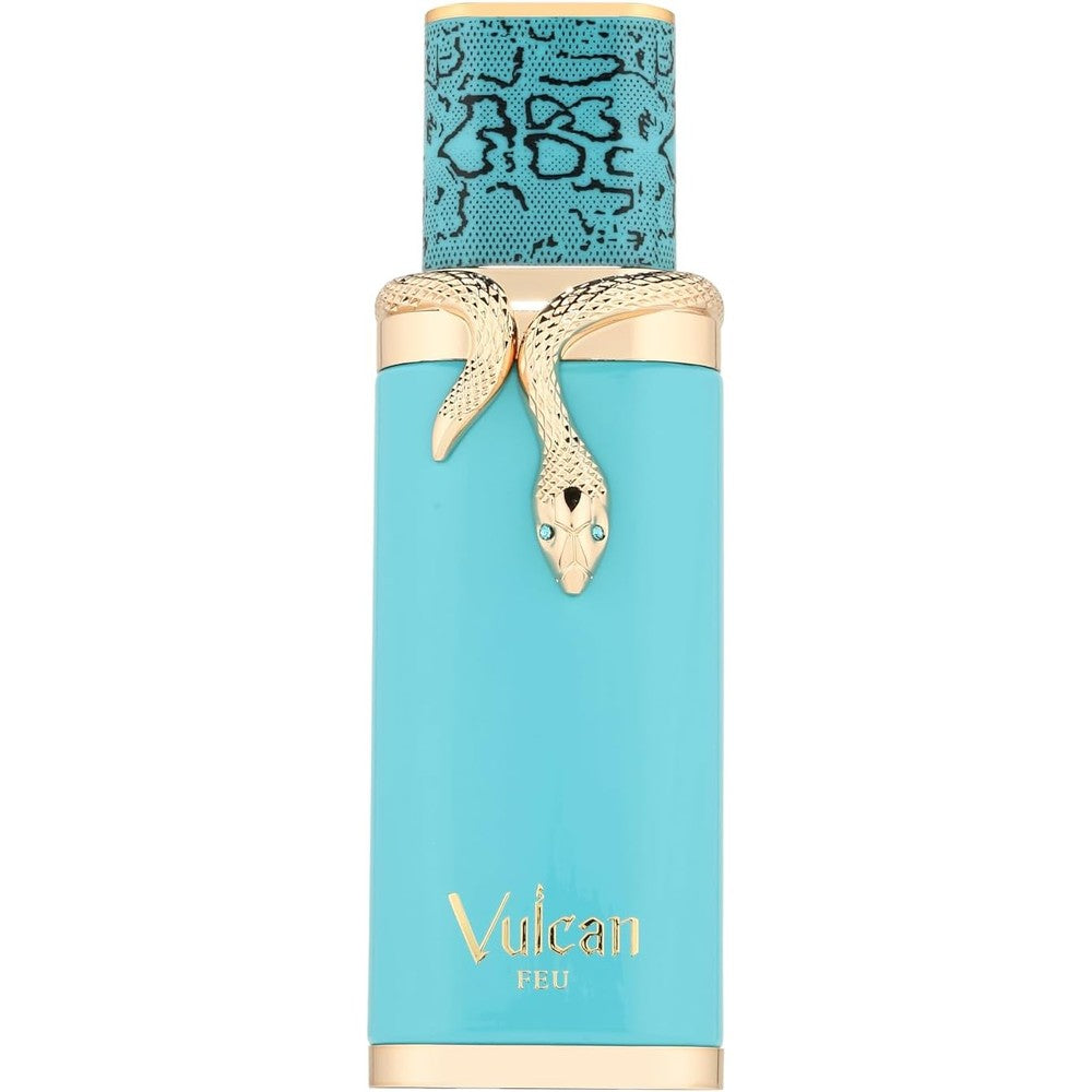 Fragrance World French Avenue Vulcan Feu Eau De Parfum front view showing luxury turquoise blue bottle with gold snake design