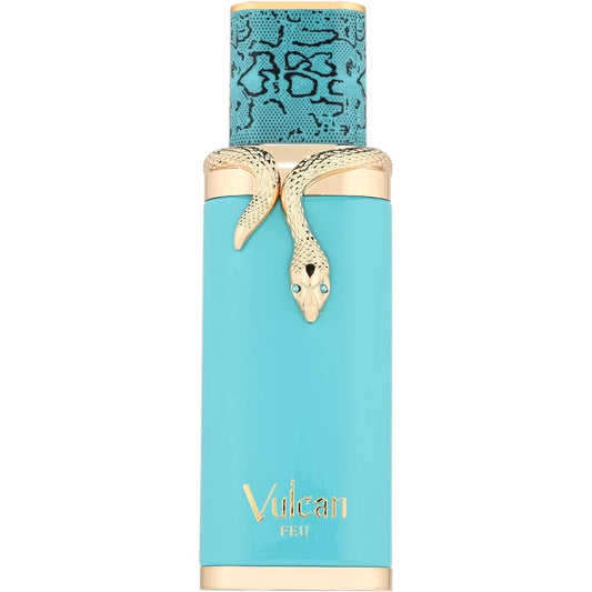 Fragrance World French Avenue Vulcan Feu Eau De Parfum front view showing luxury turquoise blue bottle with gold snake design