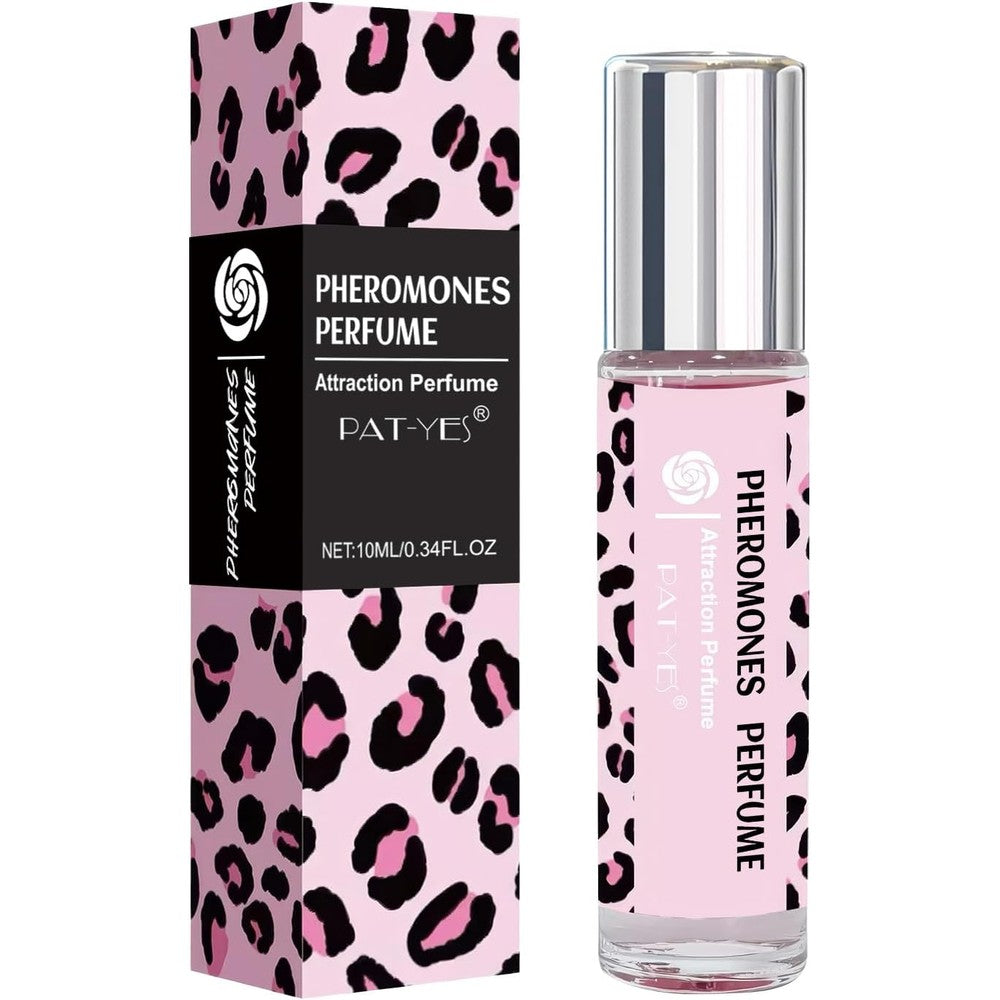 PAT-YES pheromones perfume oil for women front view with pink leopard packaging box.