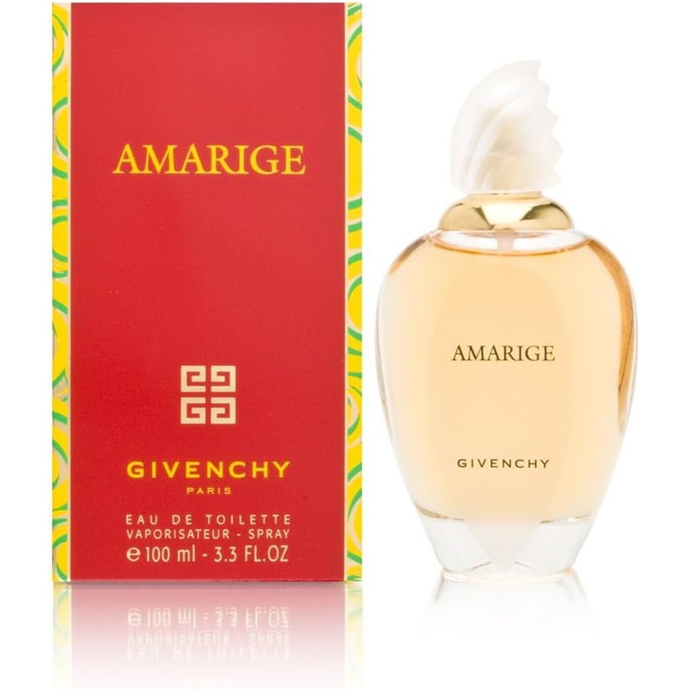Givenchy Amarige Eau De Toilette Spray 3.3 Fluid Ounces front view of the luxury floral perfume bottle.