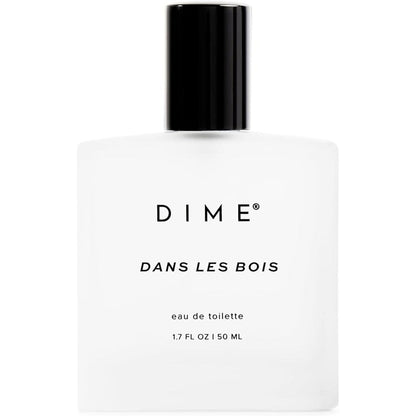 DIME Beauty Perfume Dans Les Bois front view bottle of clean luxury fragrance.