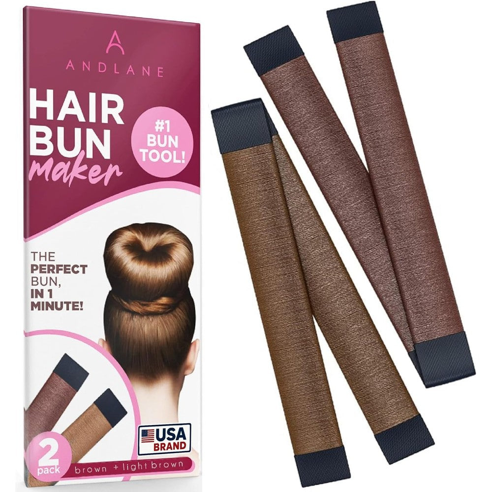 Andlane women hair bun maker front view displaying the two pack in brown and light brown colors