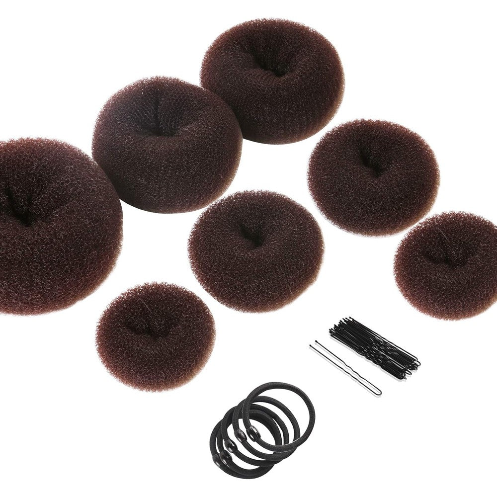 Teenitor donut hair bun maker set front view featuring seven dark brown nylon rings