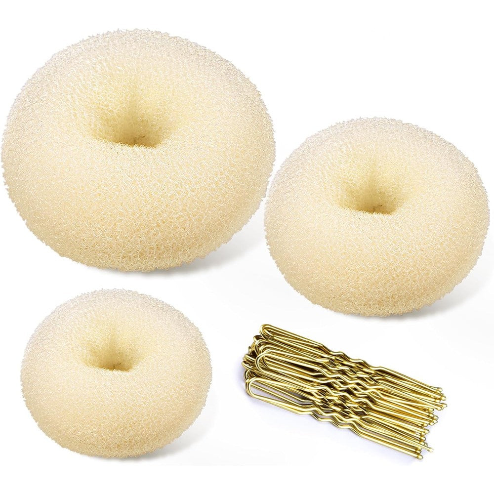 TsMADDTs Donut Bun Maker front view showing three different sizes of blonde mesh rings.