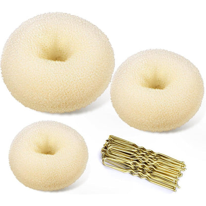 TsMADDTs Donut Bun Maker front view showing three different sizes of blonde mesh rings.