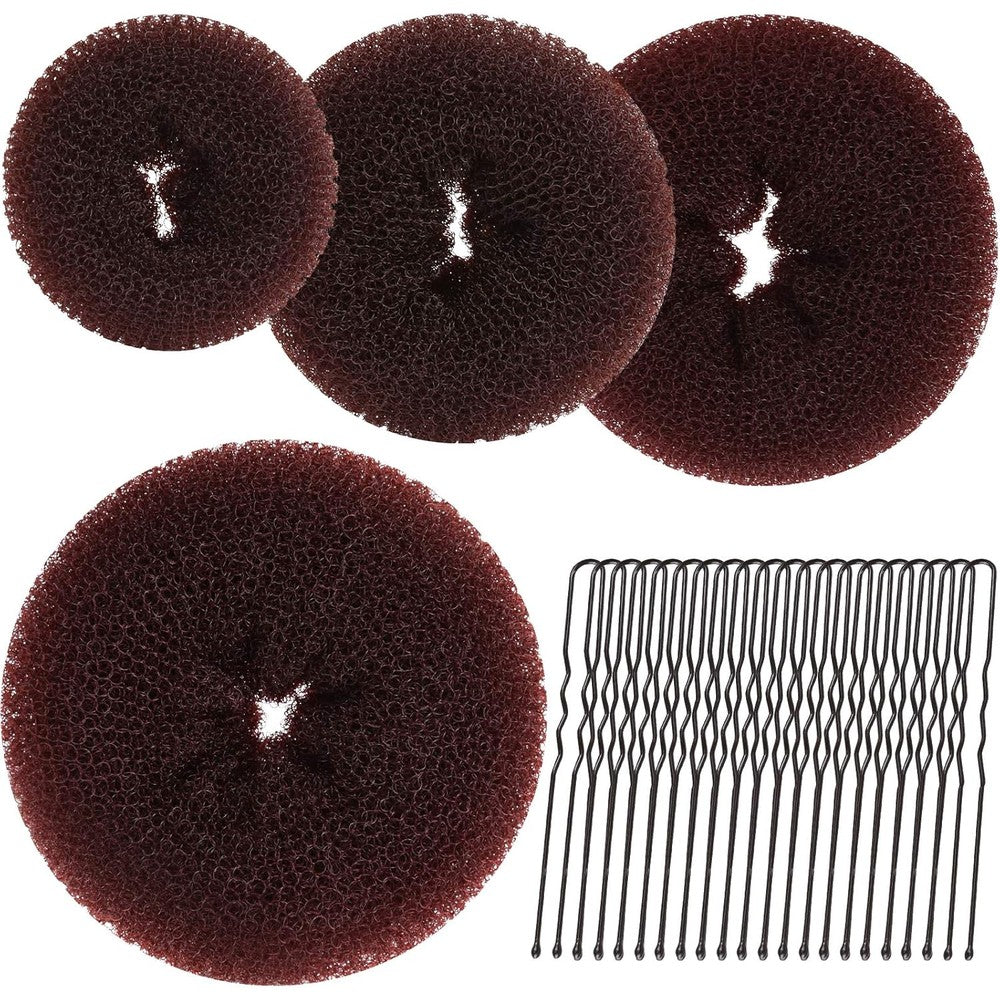 Teenitor Hair Bun Maker set showing four different sizes of brown hair donuts in front view.