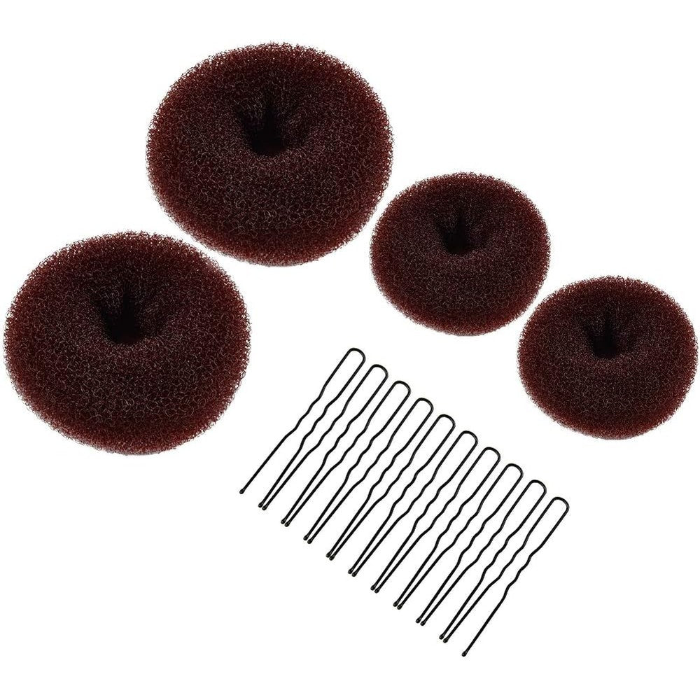 Morgles Hair Bun Maker four piece donut styling kit front view displaying brown mesh rings.
