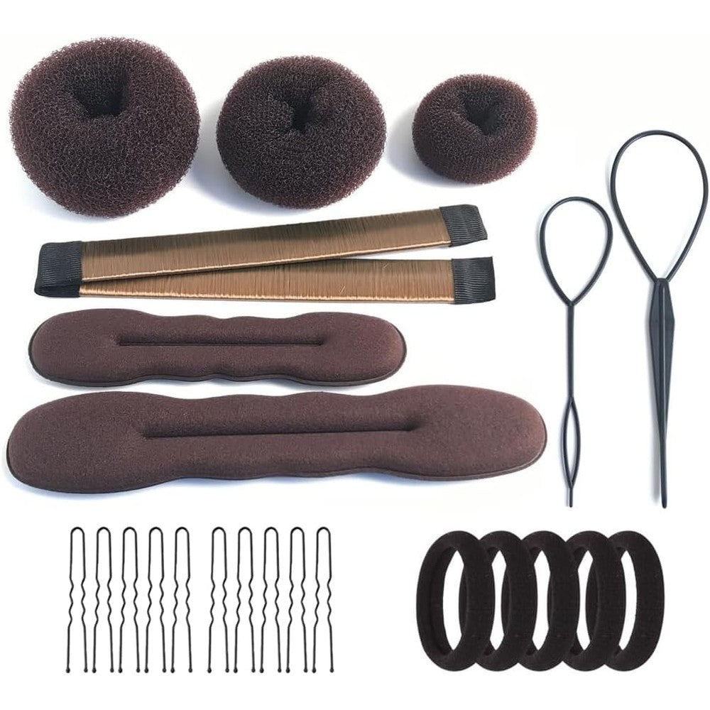 iFlyMars hair accessories set front view showing complete thirty eight piece brown bun maker kit elements