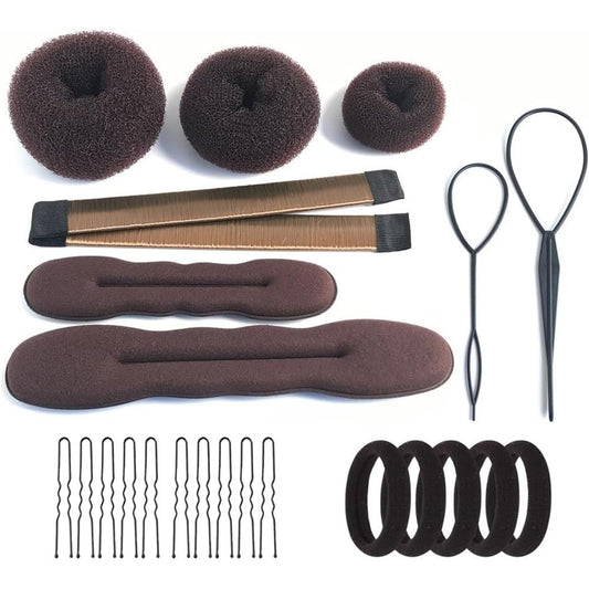 iFlyMars hair accessories set front view showing complete thirty eight piece brown bun maker kit elements