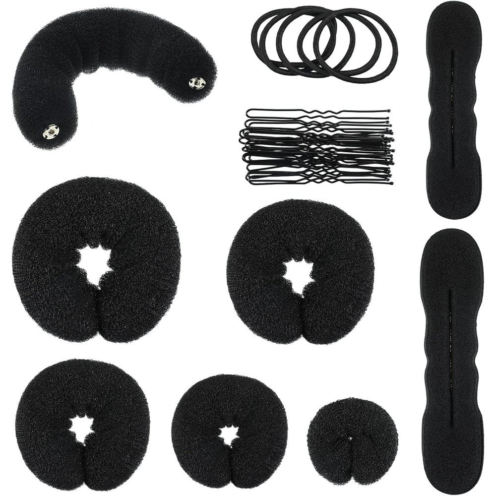 Yinder 34 Piece Donut Hair Bun Maker Set front view showing black mesh rings and foam shapers.